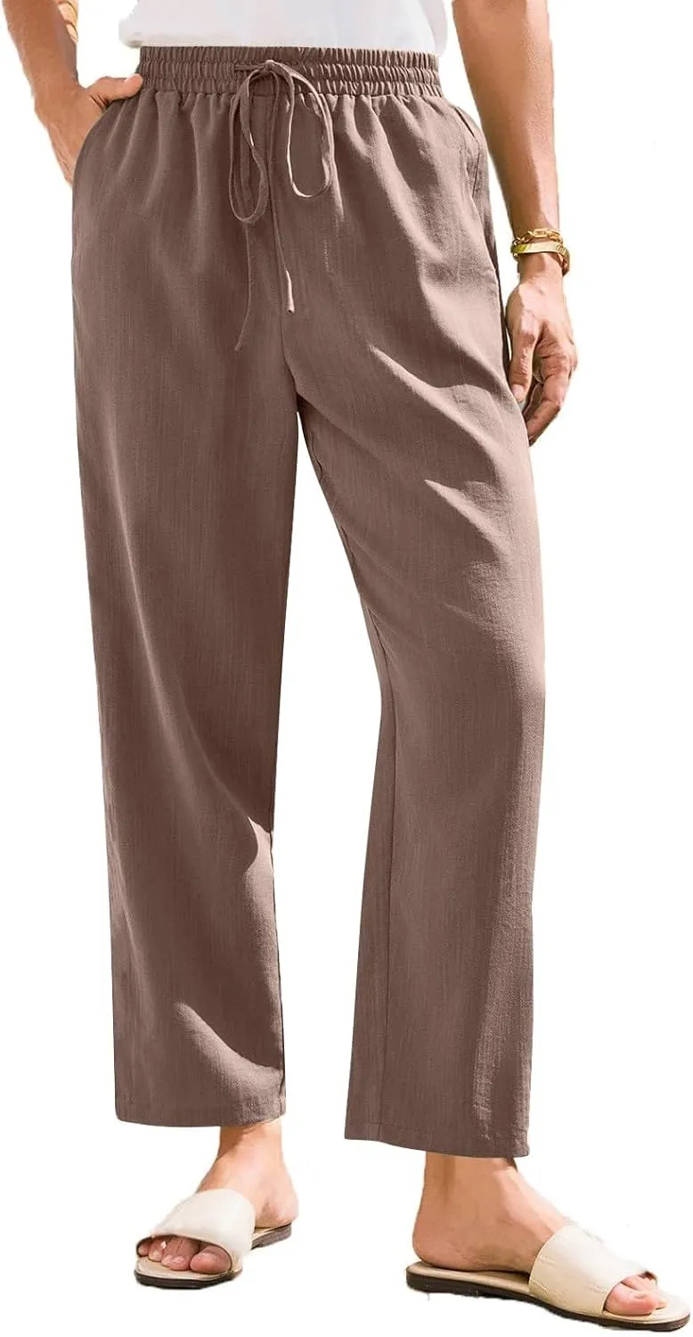 Women's Cotton Linen Pants Straight Leg Elastic Drawstring Trousers Casual 2025 Summer Beach Lounge Pant