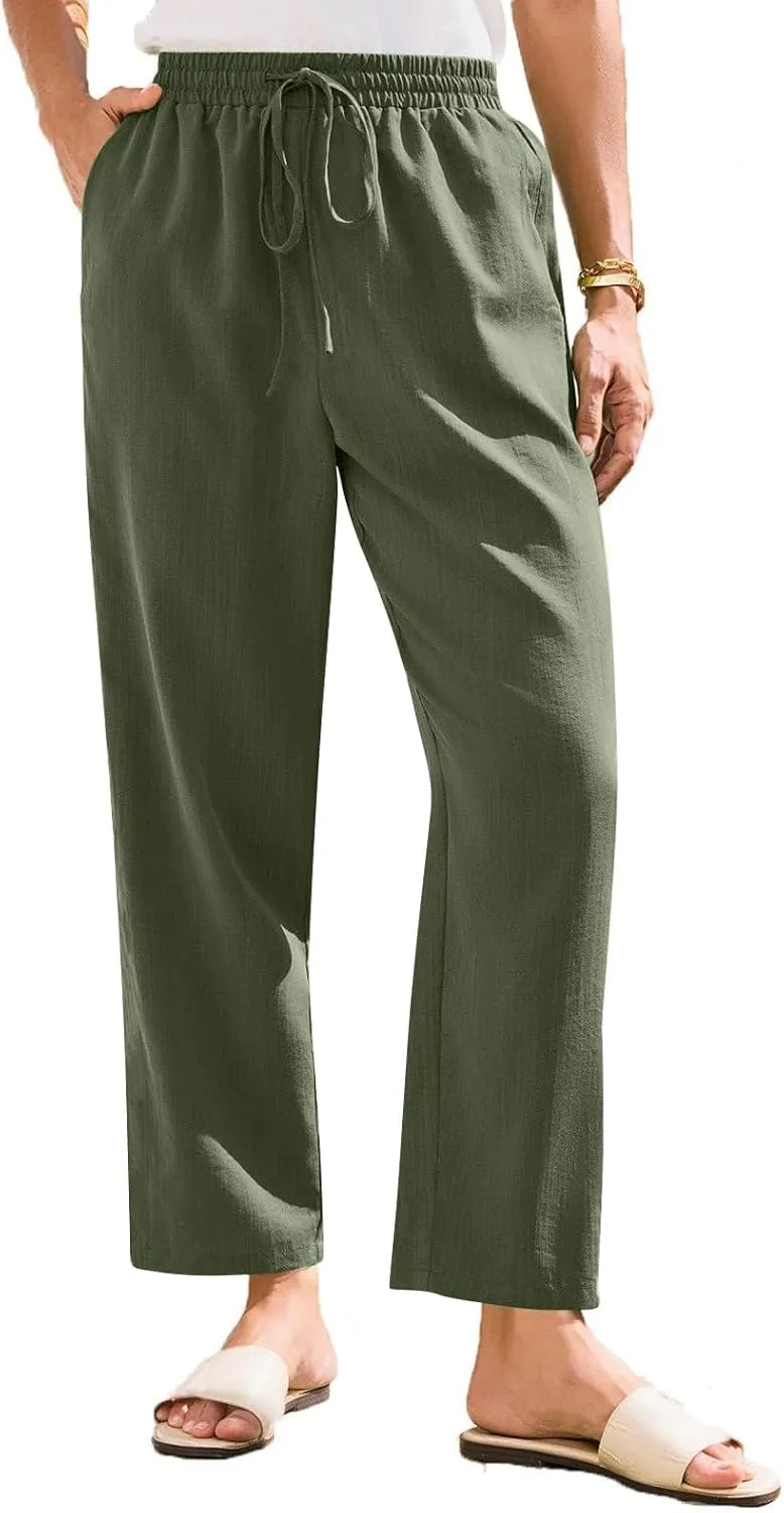 Women's Cotton Linen Pants Straight Leg Elastic Drawstring Trousers Casual 2025 Summer Beach Lounge Pant