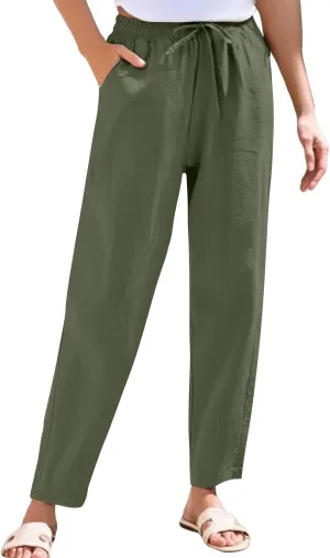 Women's Cotton Linen Pants Straight Leg Elastic Drawstring Trousers Casual 2025 Summer Beach Lounge Pant