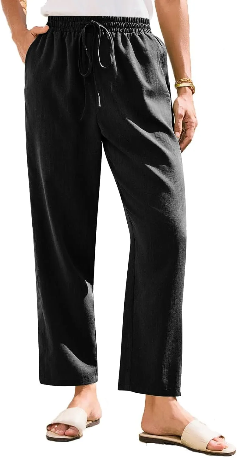 Women's Cotton Linen Pants Straight Leg Elastic Drawstring Trousers Casual 2025 Summer Beach Lounge Pant