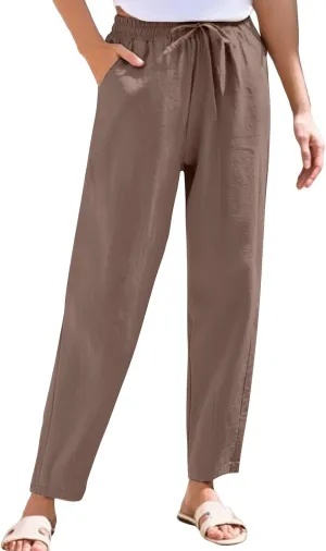 Women's Cotton Linen Pants Straight Leg Elastic Drawstring Trousers Casual 2025 Summer Beach Lounge Pant