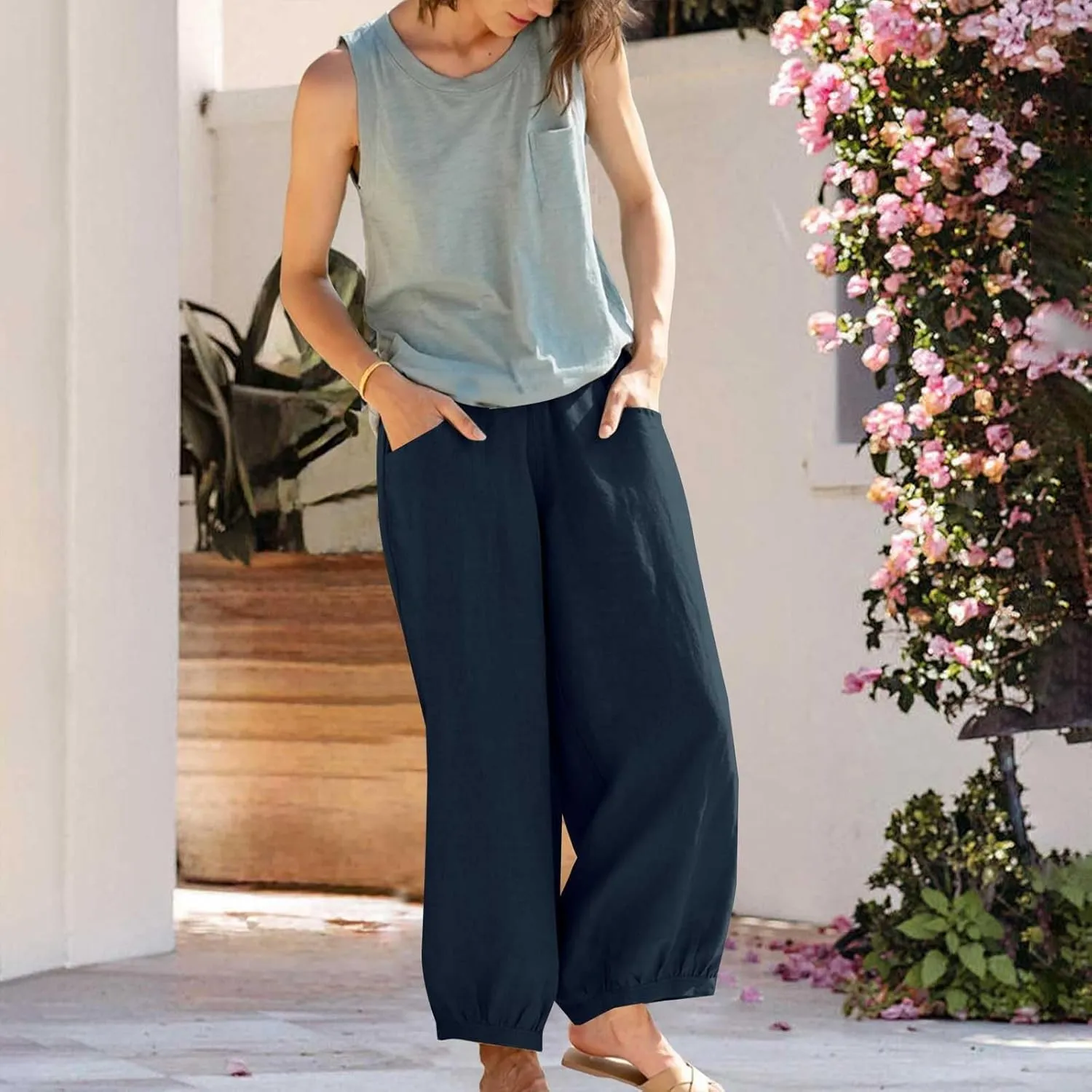 Womens Cotton Linen Pants Summer Casual Pleated High Waisted Wide Leg Palazzo Trousers Flowy Beach Slacks with Pocket