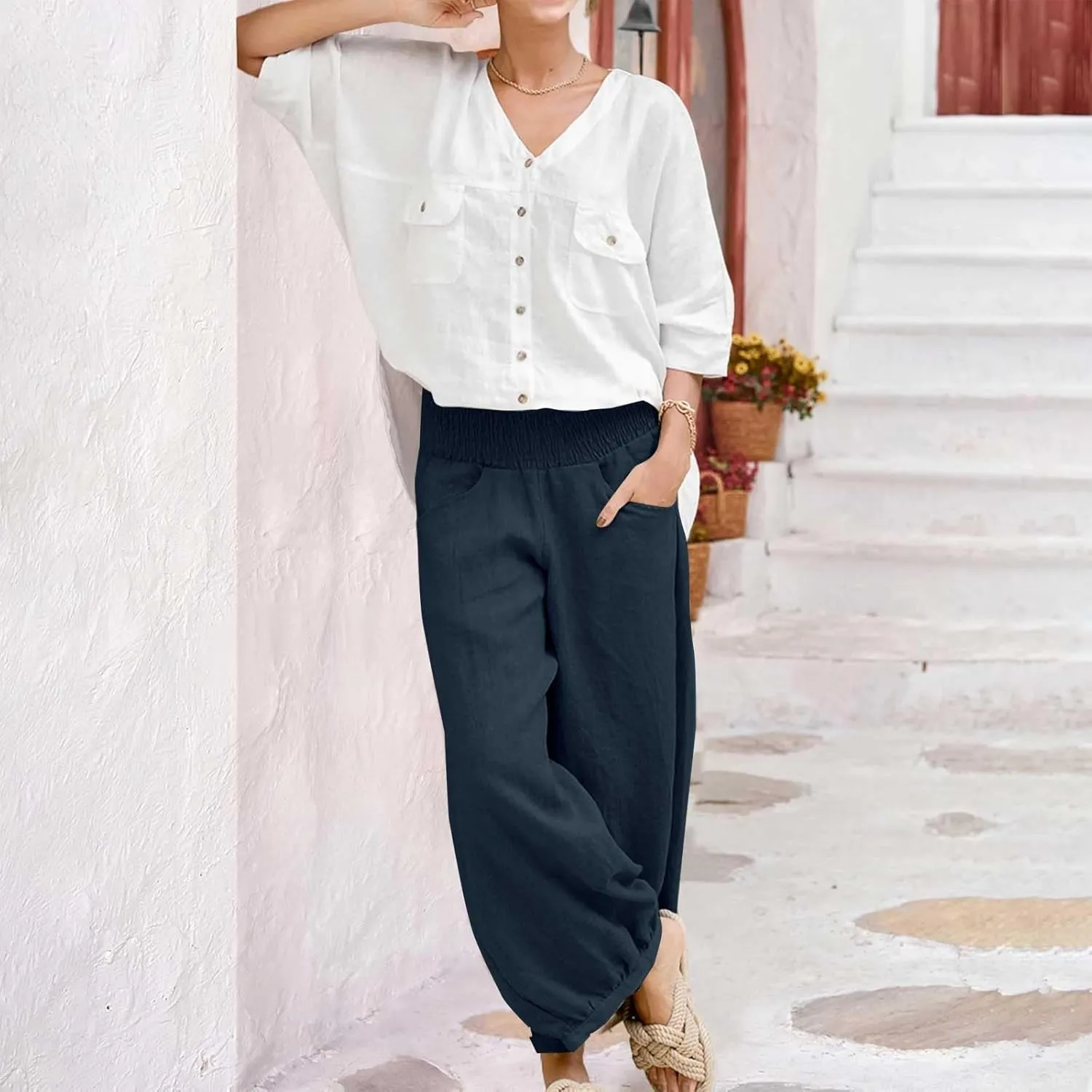 Womens Cotton Linen Pants Summer Casual Pleated High Waisted Wide Leg Palazzo Trousers Flowy Beach Slacks with Pocket