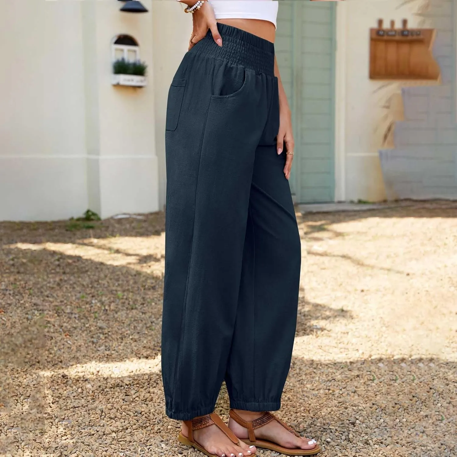 Womens Cotton Linen Pants Summer Casual Pleated High Waisted Wide Leg Palazzo Trousers Flowy Beach Slacks with Pocket