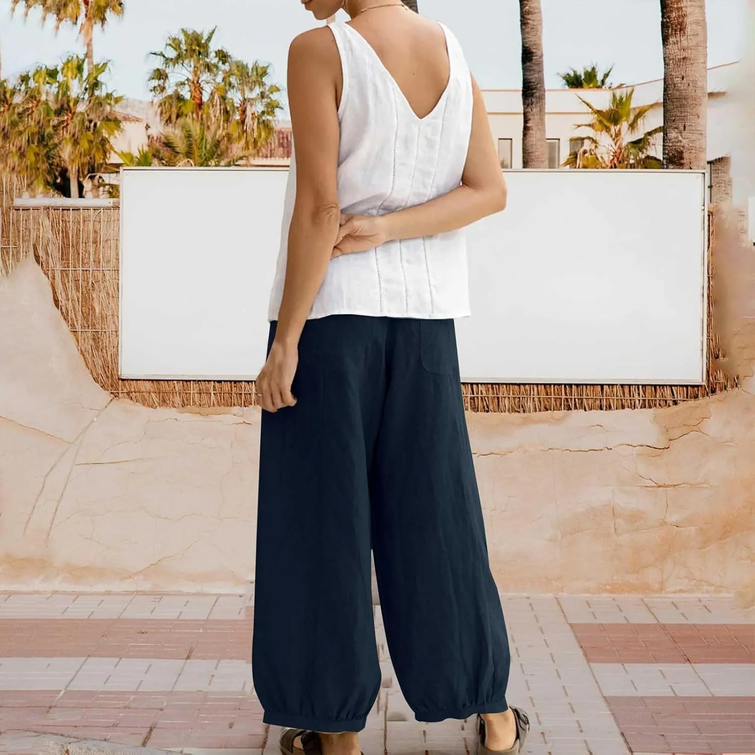 Womens Cotton Linen Pants Summer Casual Pleated High Waisted Wide Leg Palazzo Trousers Flowy Beach Slacks with Pocket