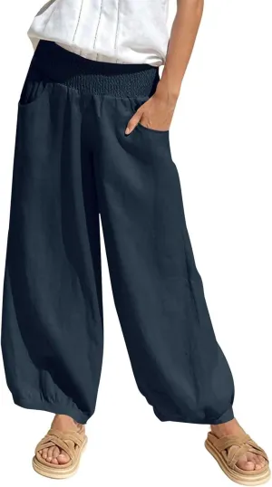 Womens Cotton Linen Pants Summer Casual Pleated High Waisted Wide Leg Palazzo Trousers Flowy Beach Slacks with Pocket