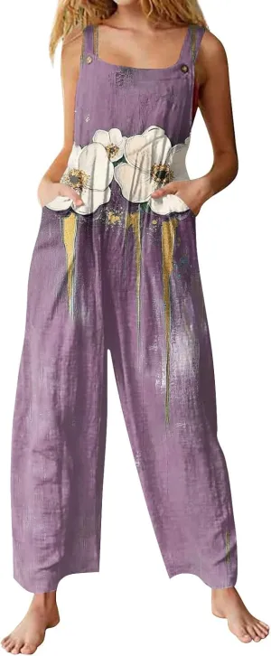 Women's Fashion Overalls Boho Linen Adjustable Straps Sleeveless Cute Print Loose Fit Jumpsuits with Pocket