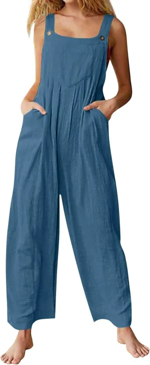 Women's Jumpsuits Casual Loose Outfits Vintage Beach Overalls with Pockets 2025 Spring Summer Palazzo Rompers