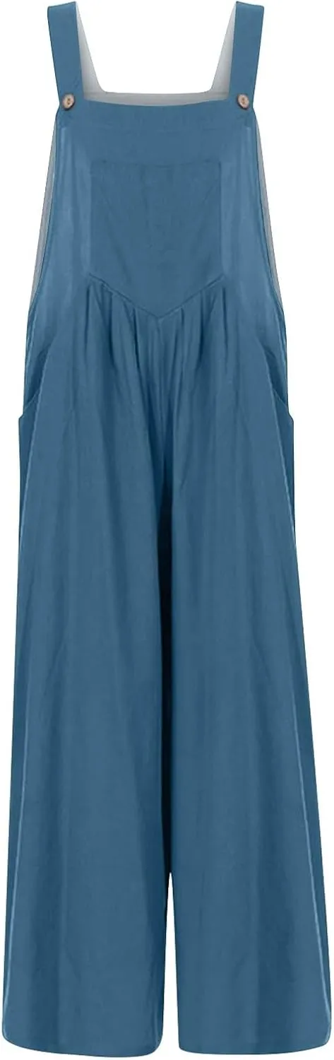 Women's Jumpsuits Casual Loose Outfits Vintage Beach Overalls with Pockets 2025 Spring Summer Palazzo Rompers