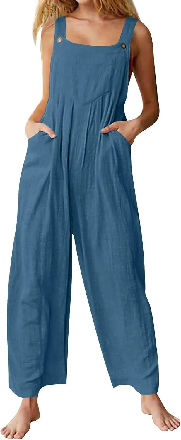 Women's Jumpsuits Casual Loose Outfits Vintage Beach Overalls with Pockets 2025 Spring Summer Palazzo Rompers
