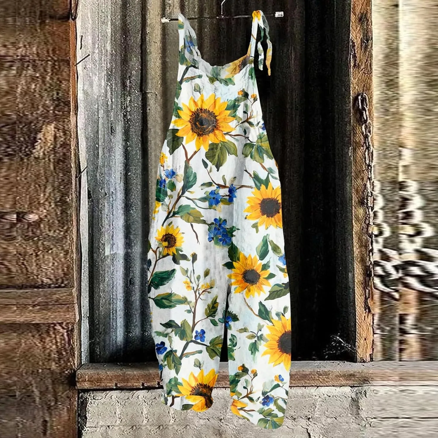 Womens Summer Floral Printed Jumpsuits Boho Linen Pant Spaghetti Strap Baggy Romper Wide Leg outfits Active Pants