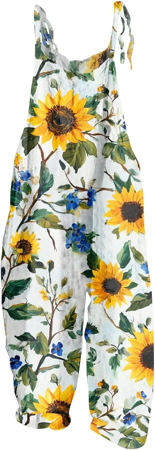 Womens Summer Floral Printed Jumpsuits Boho Linen Pant Spaghetti Strap Baggy Romper Wide Leg outfits Active Pants