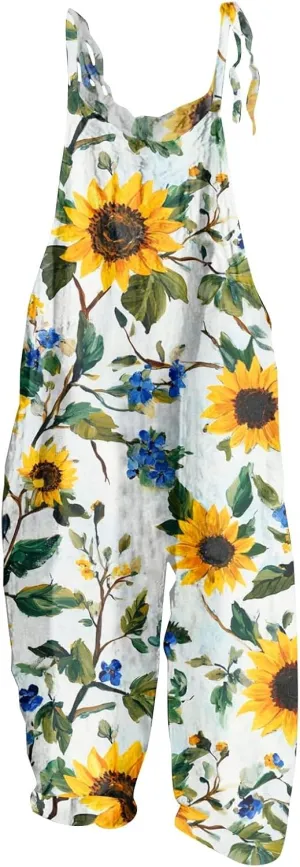 Womens Summer Floral Printed Jumpsuits Boho Linen Pant Spaghetti Strap Baggy Romper Wide Leg outfits Active Pants