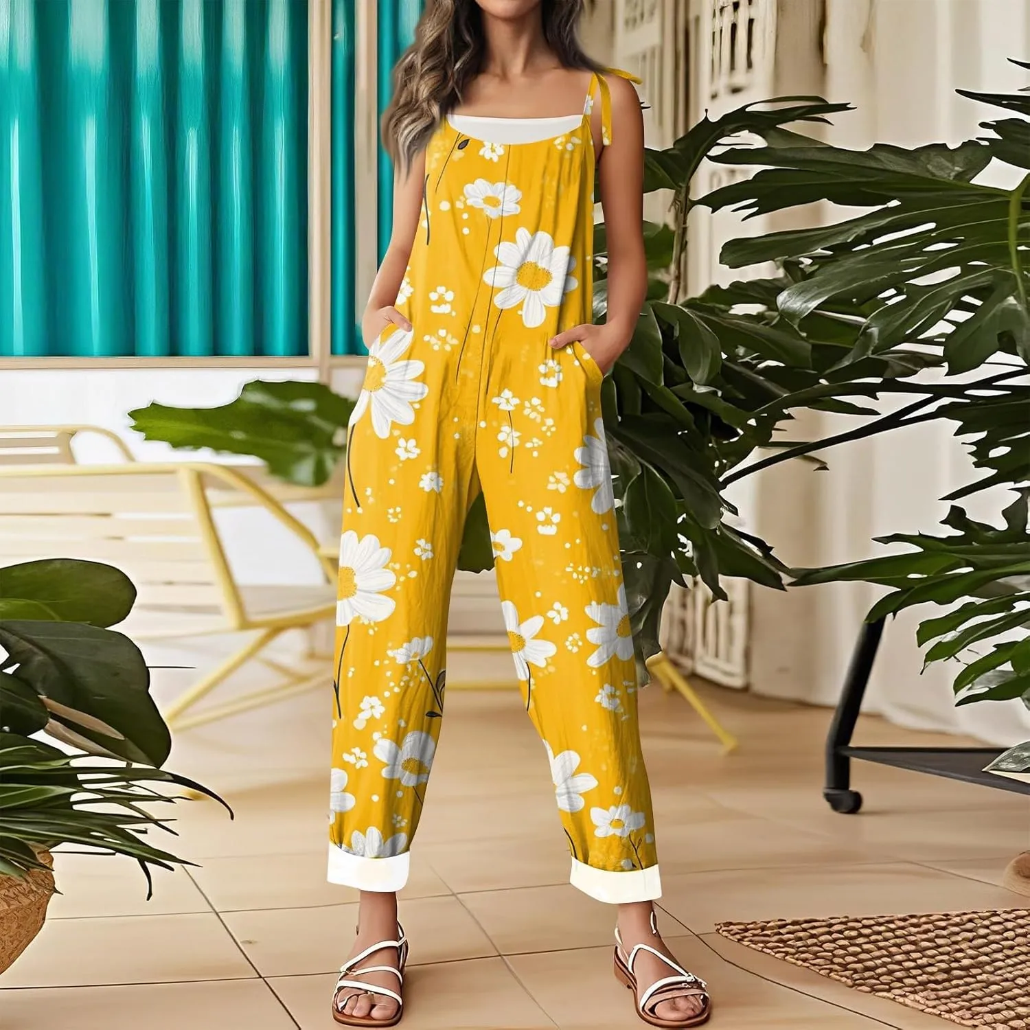 Womens Summer Floral Printed Jumpsuits Boho Linen Spaghetti Strap Baggy Romper Wide Leg outfits Active Pants