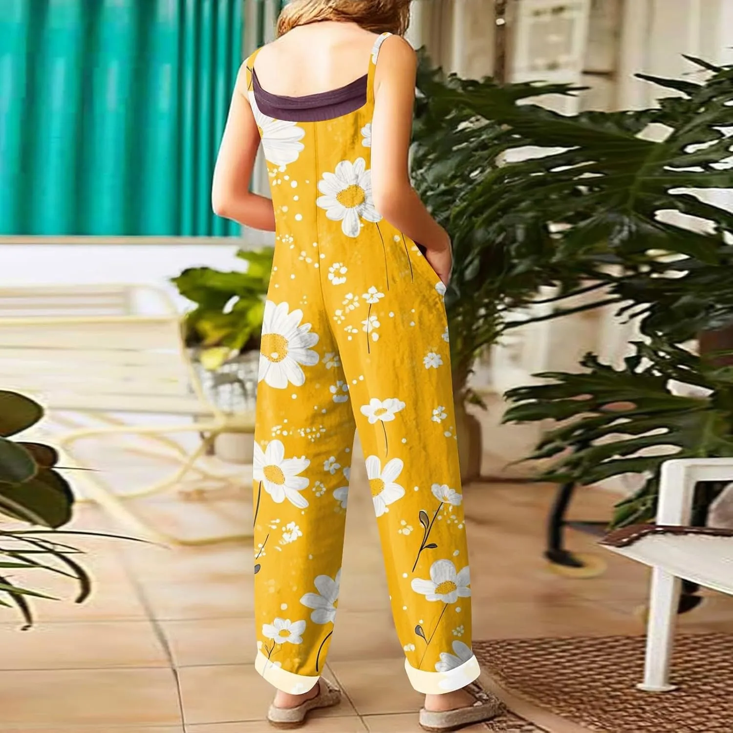 Womens Summer Floral Printed Jumpsuits Boho Linen Spaghetti Strap Baggy Romper Wide Leg outfits Active Pants