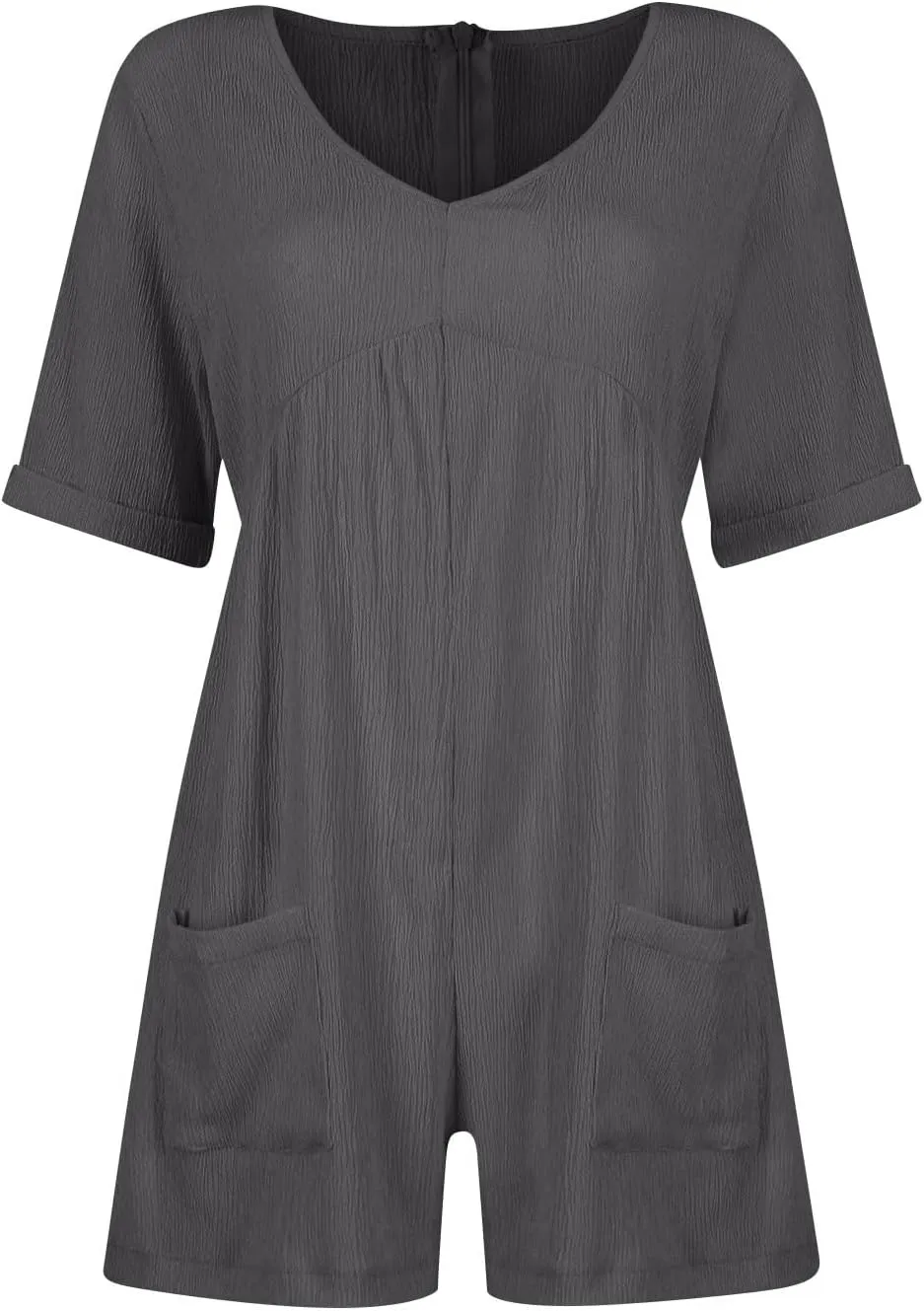 Women's Summer Linen Romper Casual V Neck Wide Leg Jumpsuit Loose Fit Short Sleeve Beach Travel Overalls with Pockets