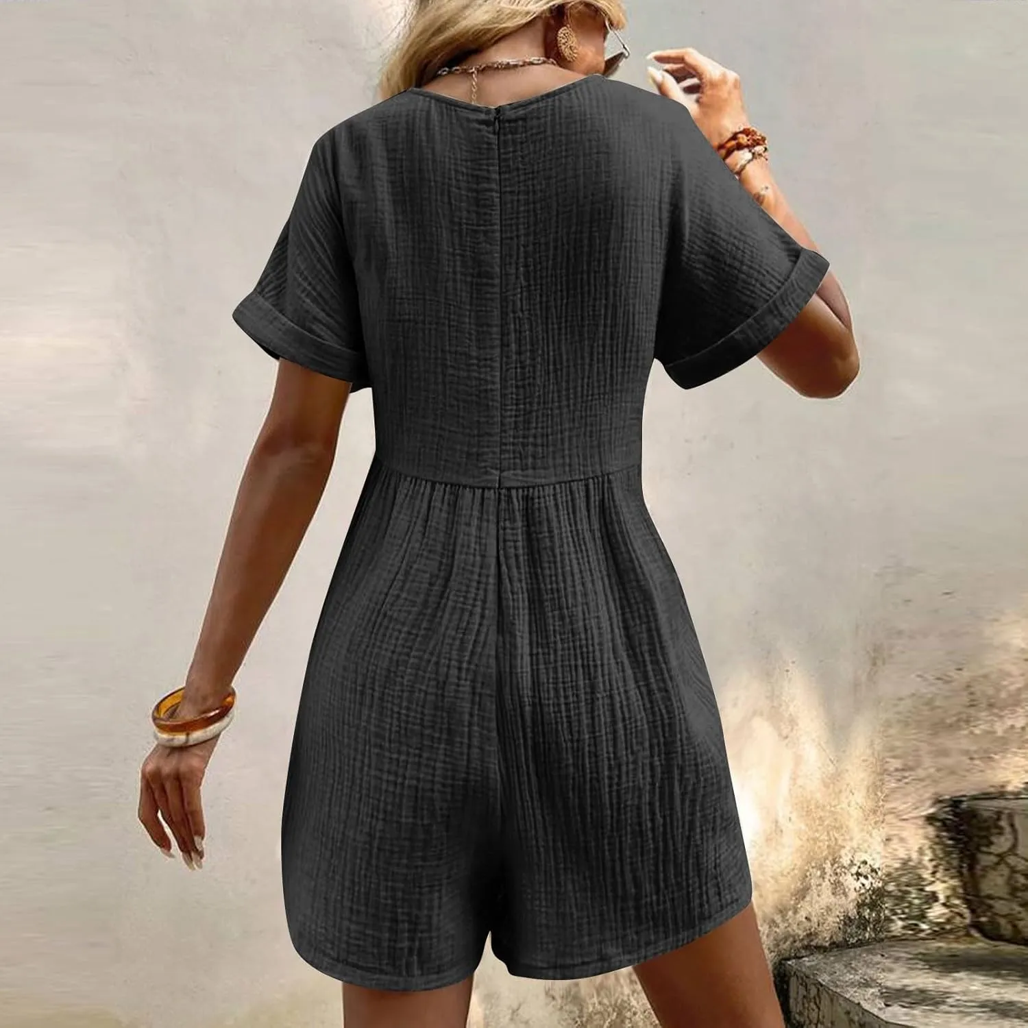 Women's Summer Linen Romper Casual V Neck Wide Leg Jumpsuit Loose Fit Short Sleeve Beach Travel Overalls with Pockets