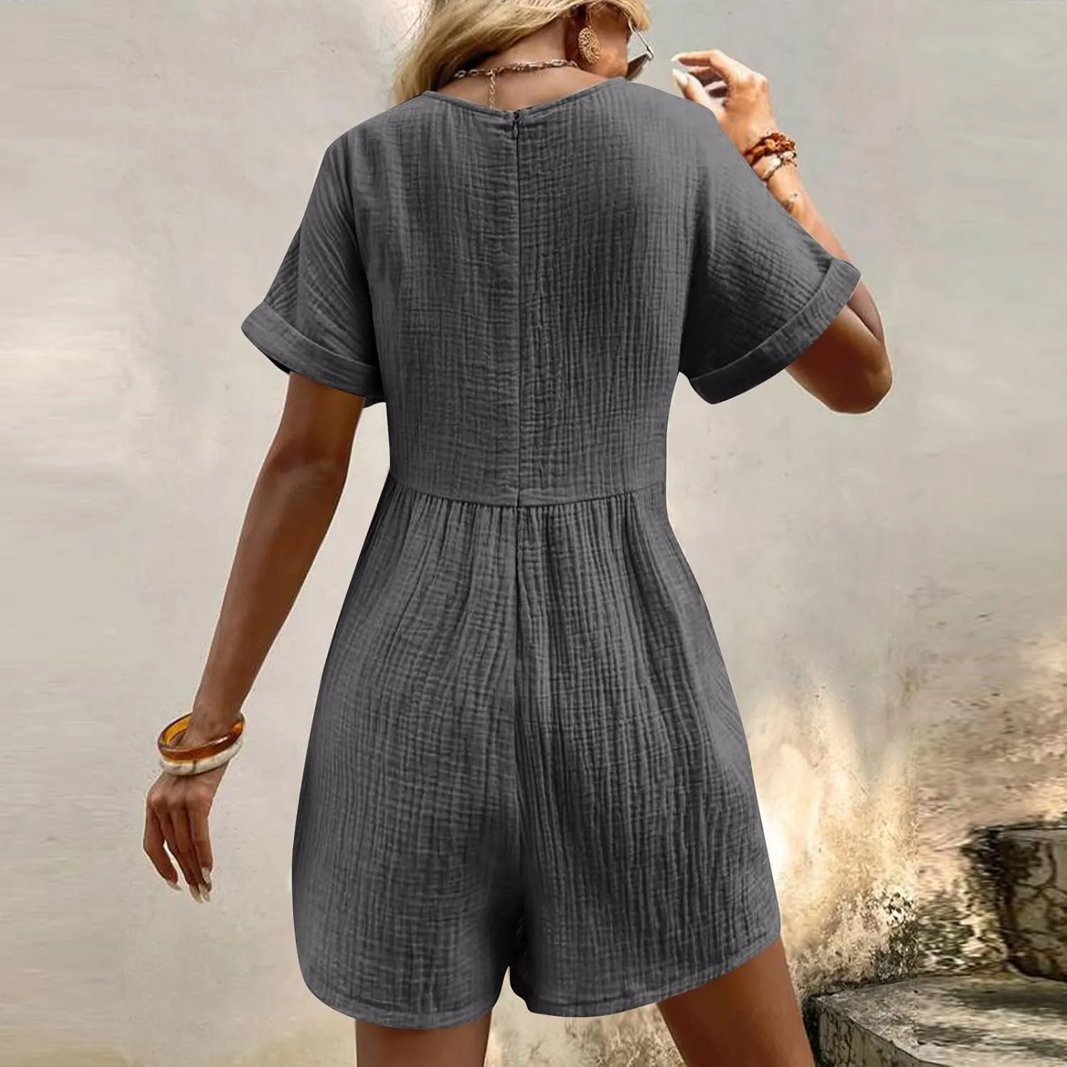Women's Summer Linen Romper Casual V Neck Wide Leg Jumpsuit Loose Fit Short Sleeve Beach Travel Overalls with Pockets