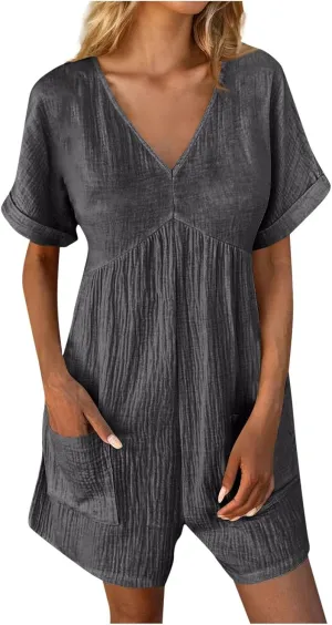 Women's Summer Linen Romper Casual V Neck Wide Leg Jumpsuit Loose Fit Short Sleeve Beach Travel Overalls with Pockets