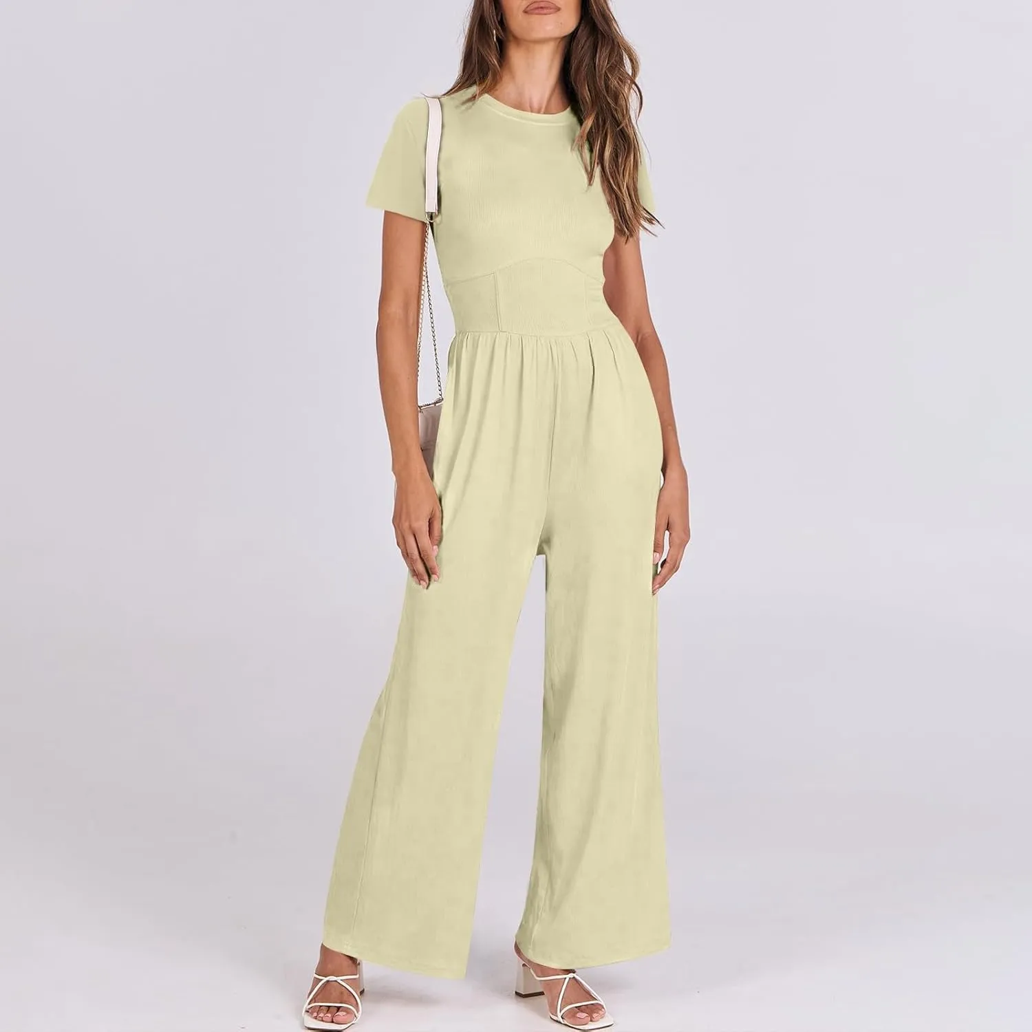Women's Summer Wide Leg Jumpsuit Round Neck Short Sleeve High Waist Dressy Overalls Linen Romper with Pockets