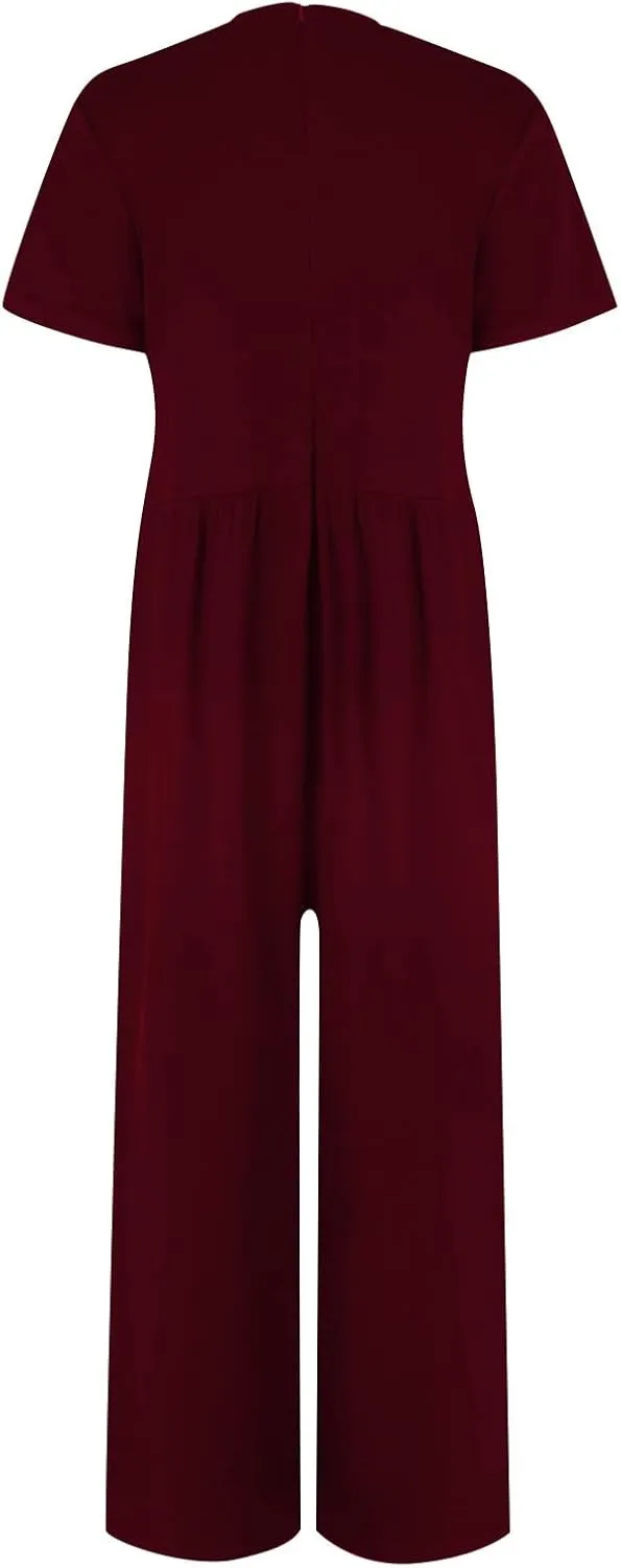 Women's Summer Wide Leg Jumpsuit Round Neck Short Sleeve High Waist Dressy Overalls Linen Romper with Pockets