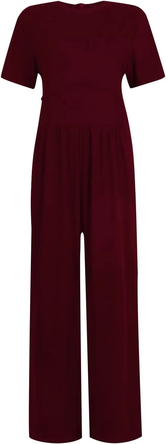 Women's Summer Wide Leg Jumpsuit Round Neck Short Sleeve High Waist Dressy Overalls Linen Romper with Pockets