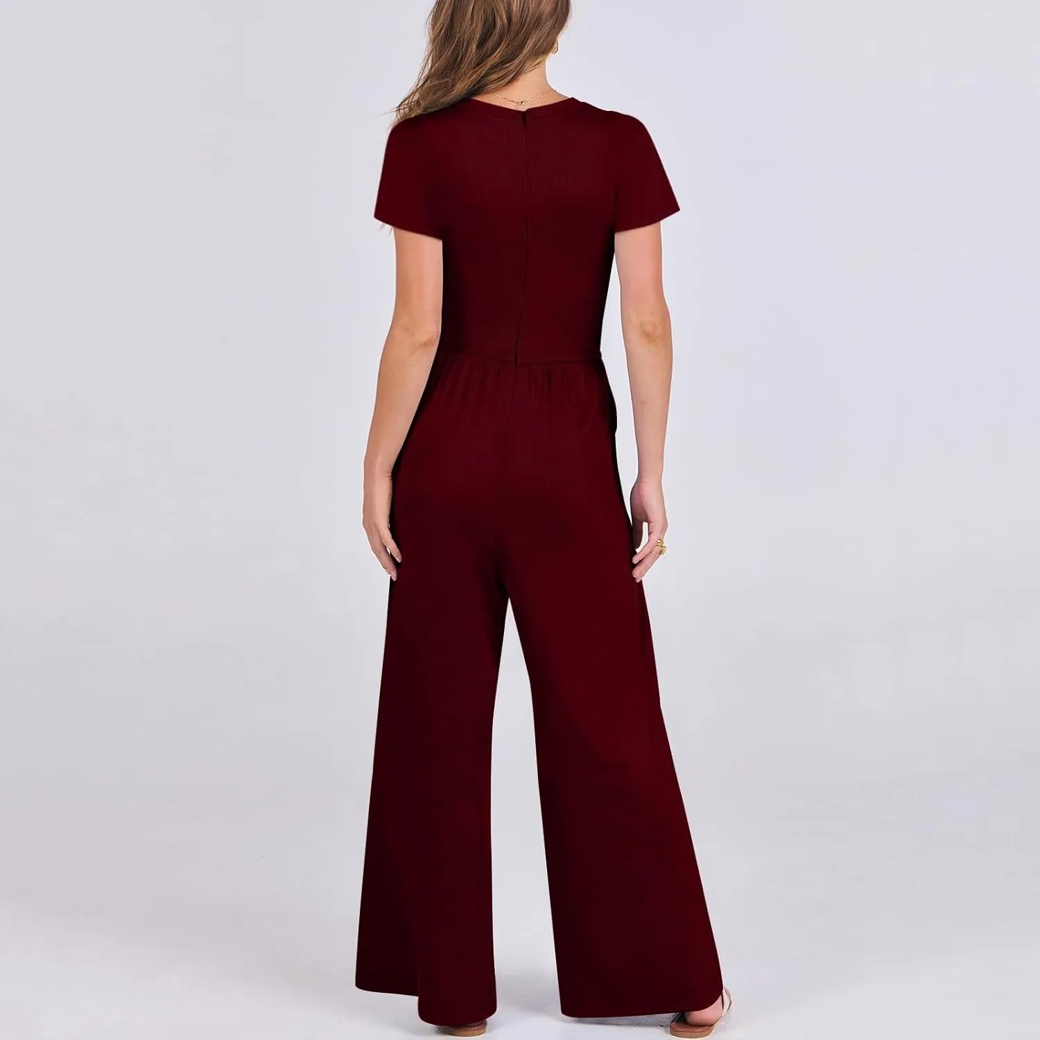Women's Summer Wide Leg Jumpsuit Round Neck Short Sleeve High Waist Dressy Overalls Linen Romper with Pockets
