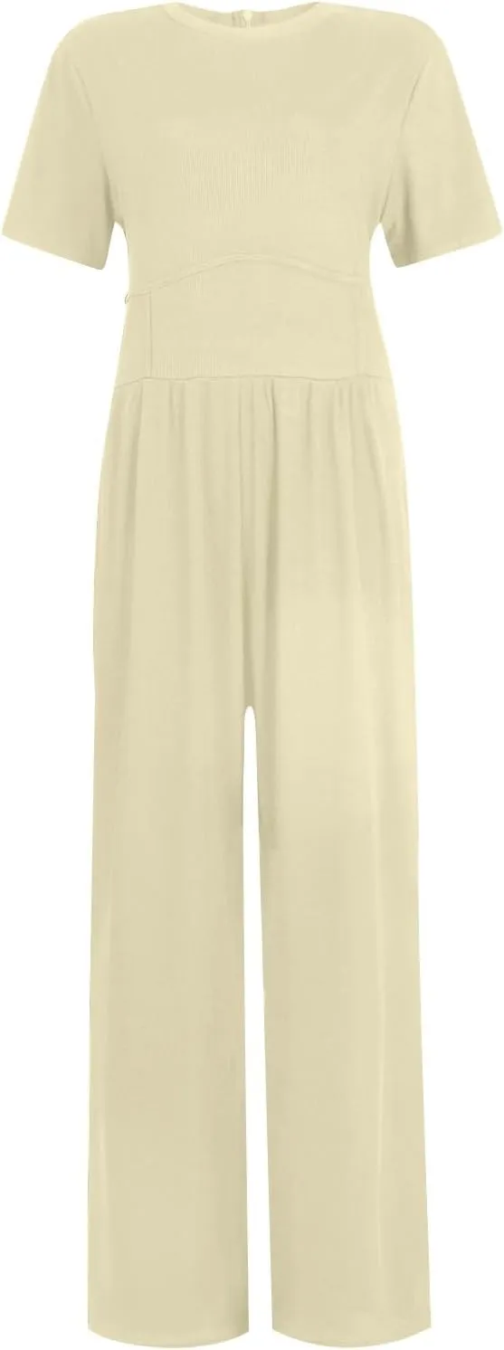 Women's Summer Wide Leg Jumpsuit Round Neck Short Sleeve High Waist Dressy Overalls Linen Romper with Pockets