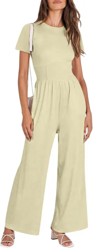 Women's Summer Wide Leg Jumpsuit Round Neck Short Sleeve High Waist Dressy Overalls Linen Romper with Pockets