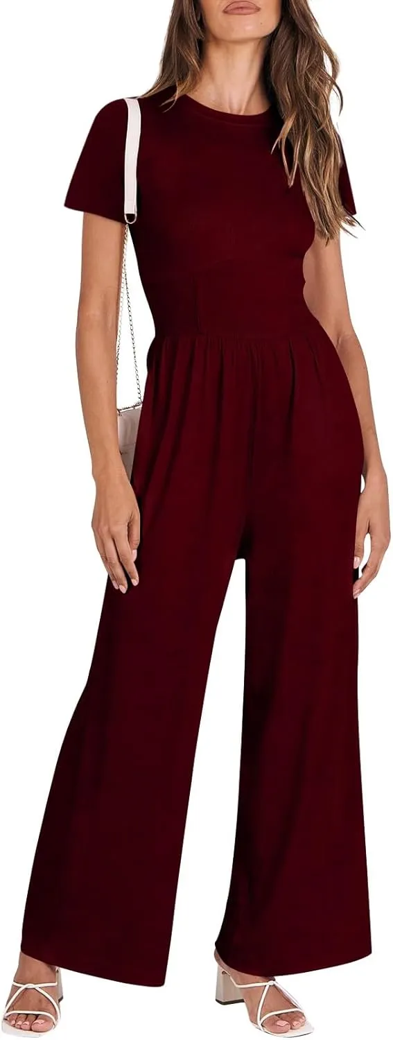 Women's Summer Wide Leg Jumpsuit Round Neck Short Sleeve High Waist Dressy Overalls Linen Romper with Pockets