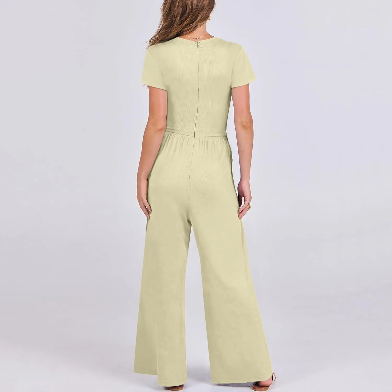 Women's Summer Wide Leg Jumpsuit Round Neck Short Sleeve High Waist Dressy Overalls Linen Romper with Pockets