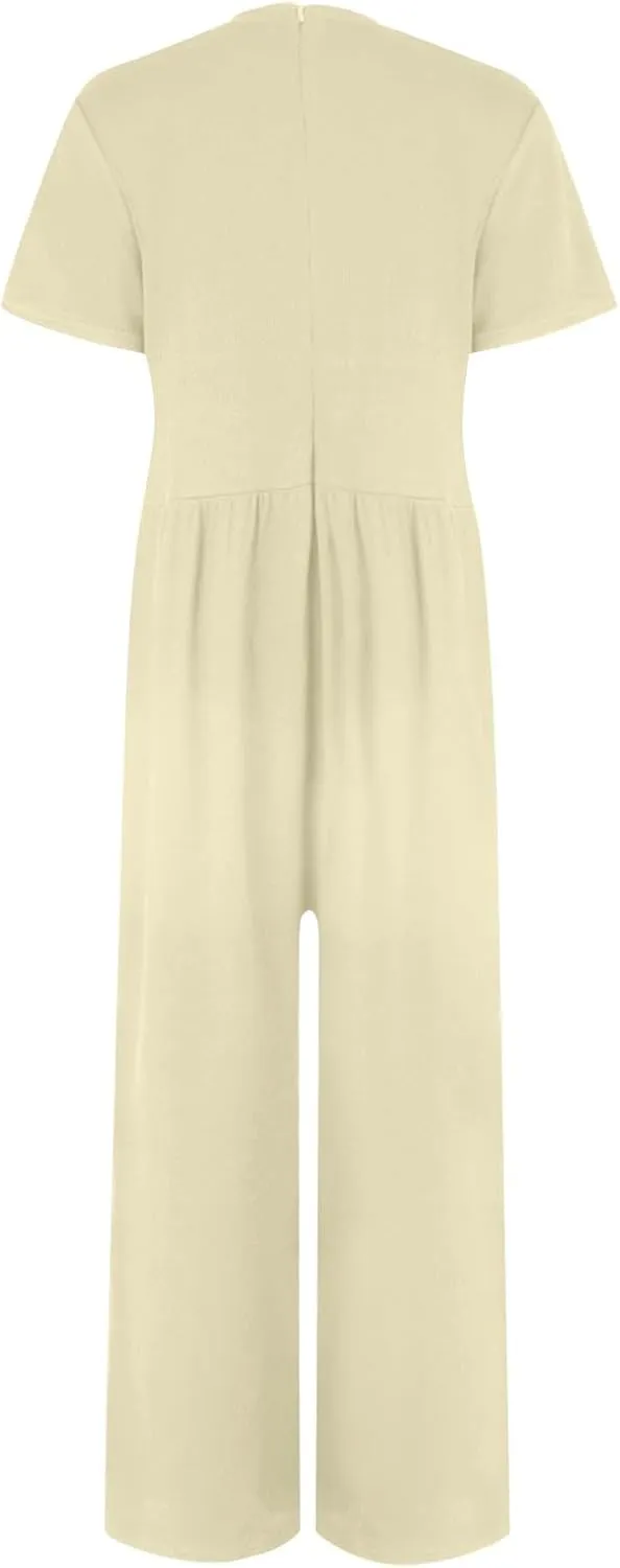 Women's Summer Wide Leg Jumpsuit Round Neck Short Sleeve High Waist Dressy Overalls Linen Romper with Pockets