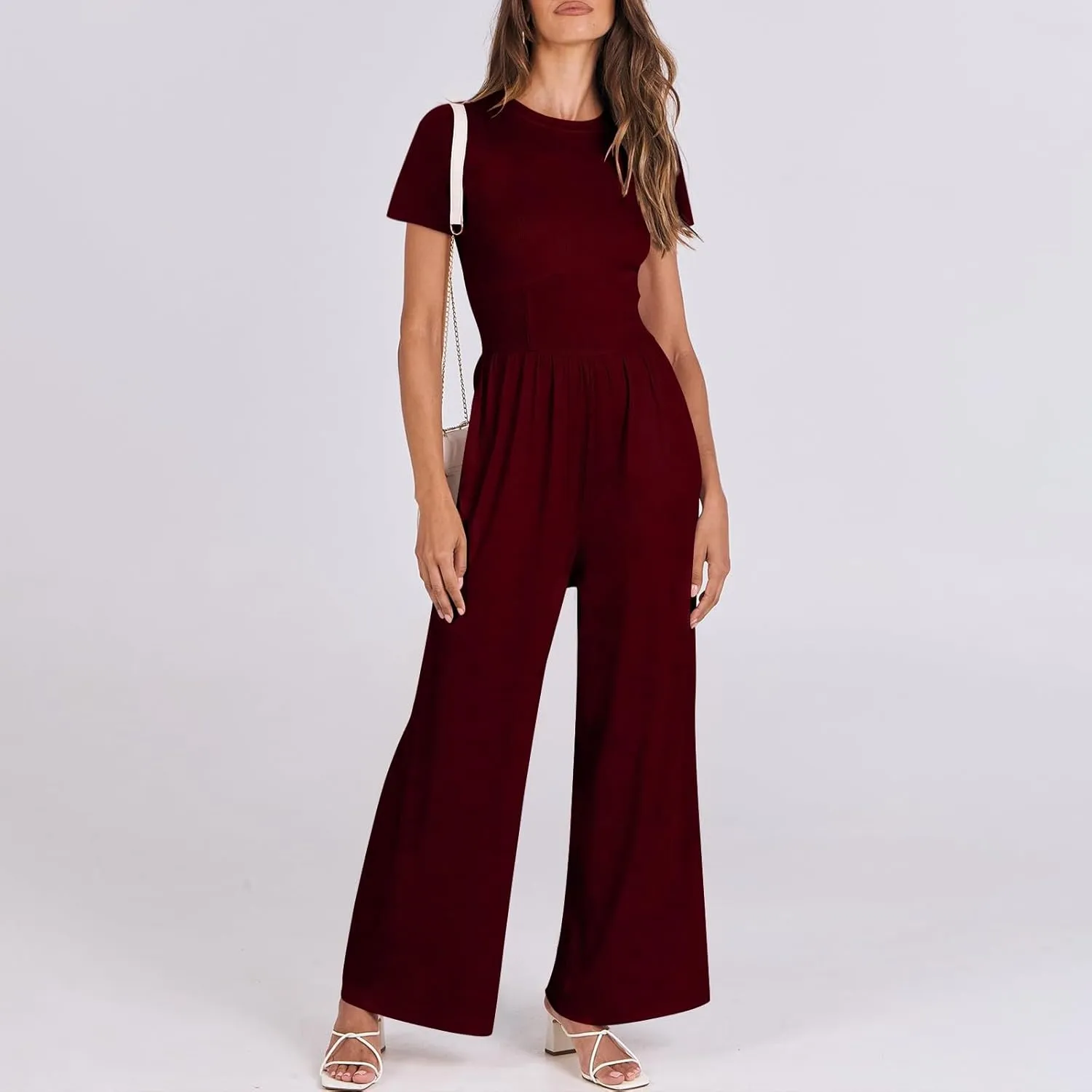 Women's Summer Wide Leg Jumpsuit Round Neck Short Sleeve High Waist Dressy Overalls Linen Romper with Pockets